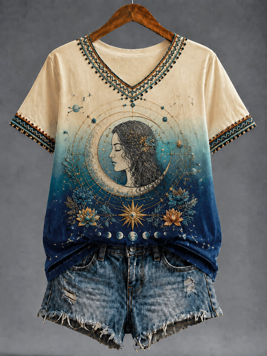 Naisten Retro Zodiac Art Gradient Casual V-kaula T-paita