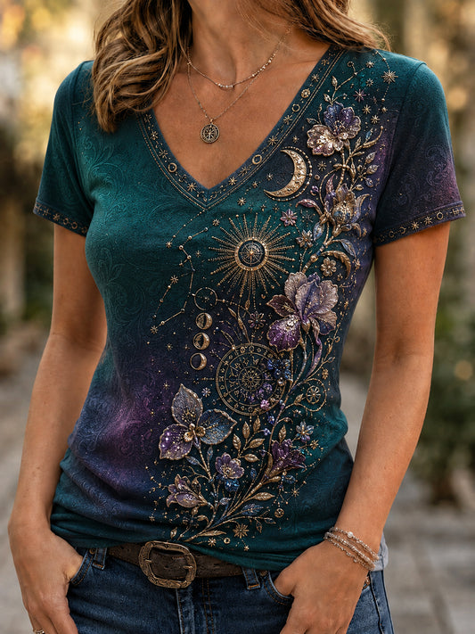 Naisten Retro Zodiac Kukkataiden Casual T-paita