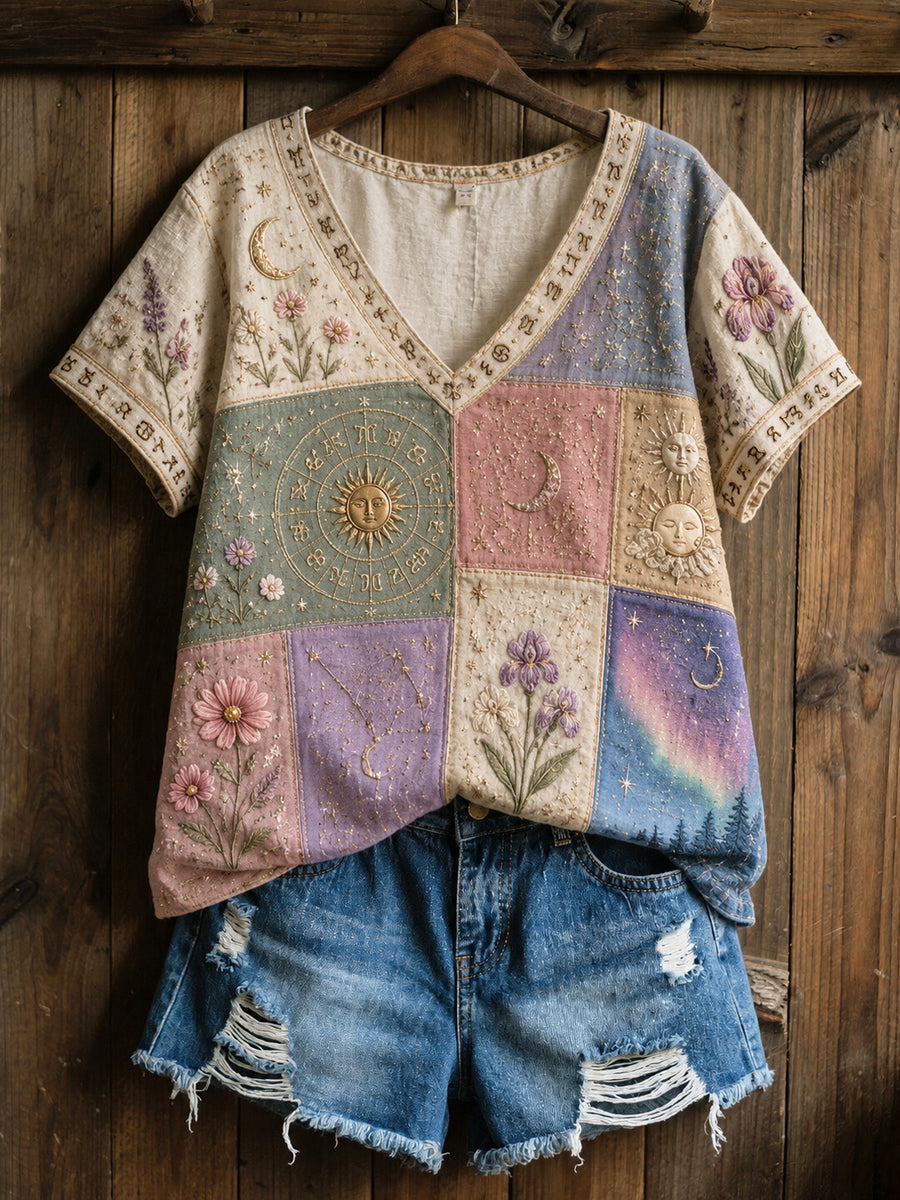 Retro Zodiac Kukka mukava Casual Puuvilla-Line T-paito
