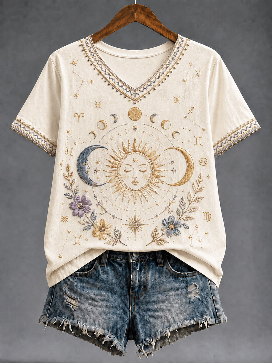 Naisten Retro Zodiac Classic Casual V-kaula T-paita