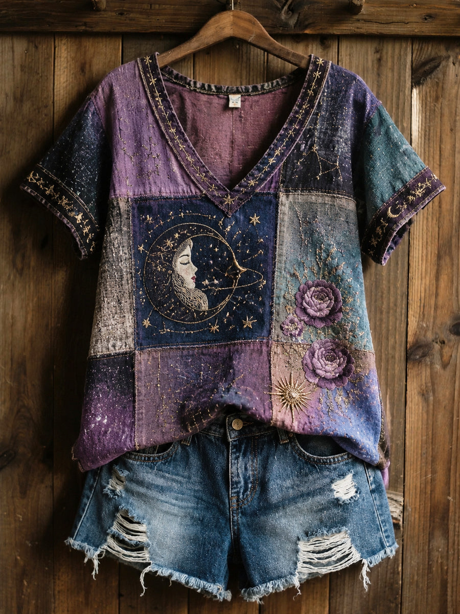 Retro Zodiac Floral Patchwork Casual puuvilla-Line T-paito