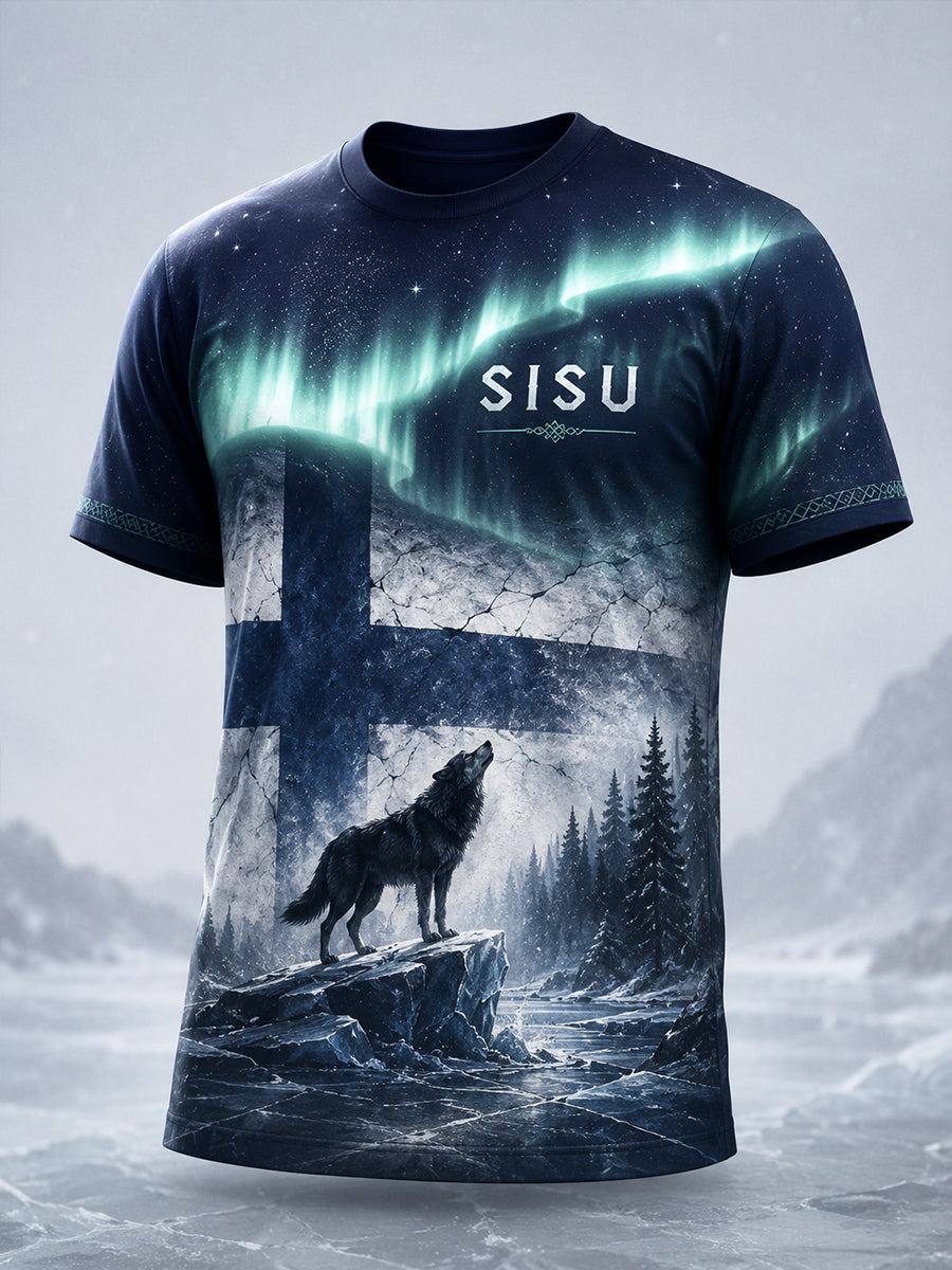 Miesten suomalainen veteraanien Sisu-sarjan taidepainatettu t-paita