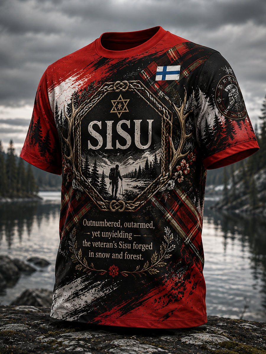 Miesten suomalainen veteraanien Sisu-sarjan taidepainatettu t-paita