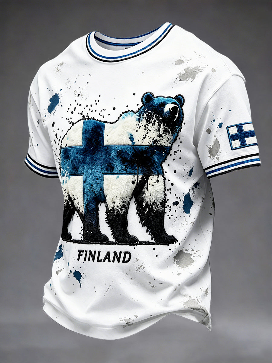 Miesten valkoinen Suomen karhu 3D-paidattu Casual T-paito
