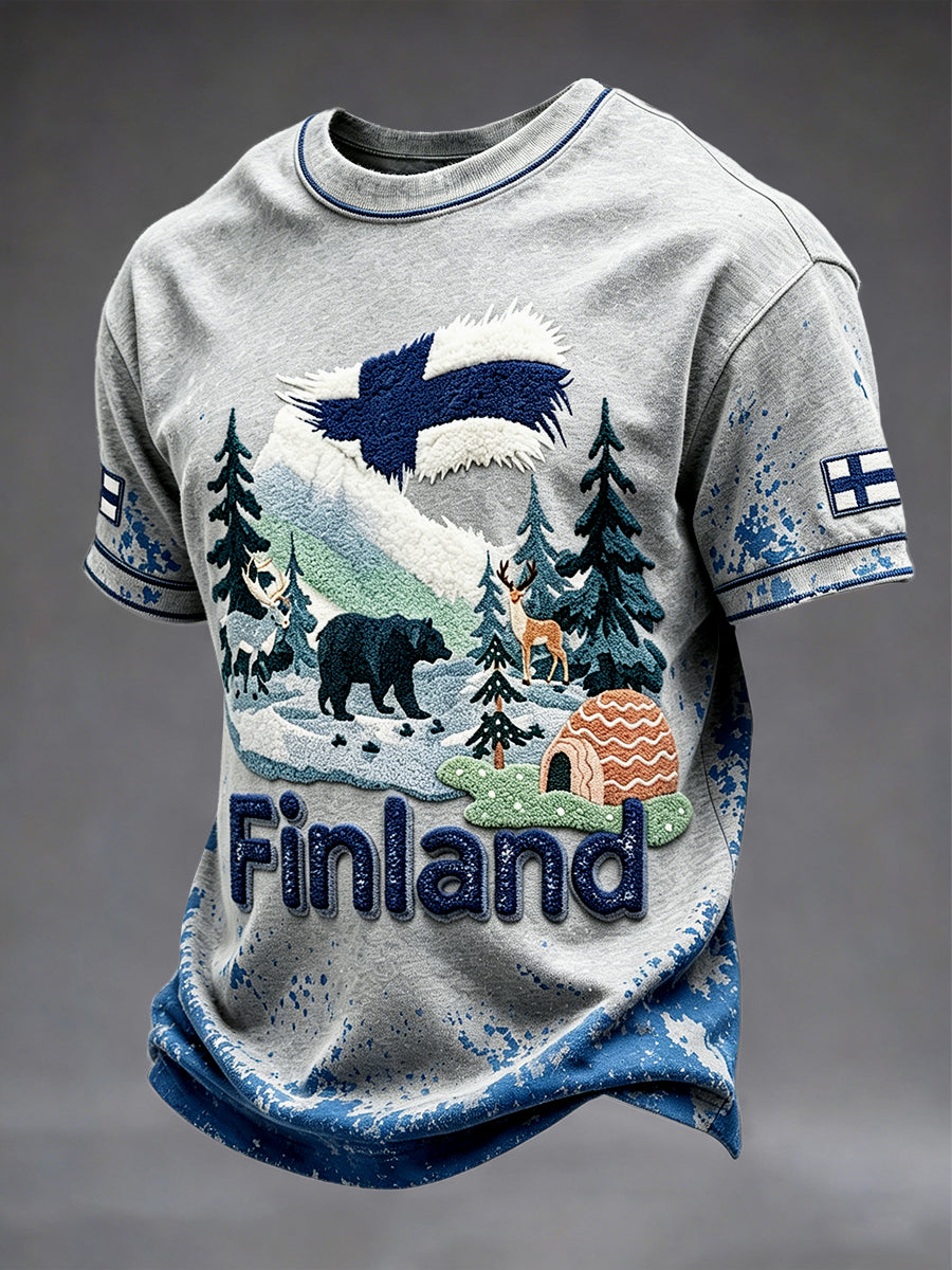 Miesten Suomi Karhu Print Harmaa Casual T-paita