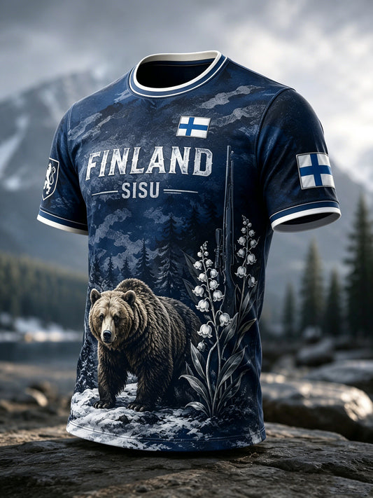 Miesten Sisu-kulttuurielementtejä esittelevä taidepainatus T-paita (Suomalainen veteraani)