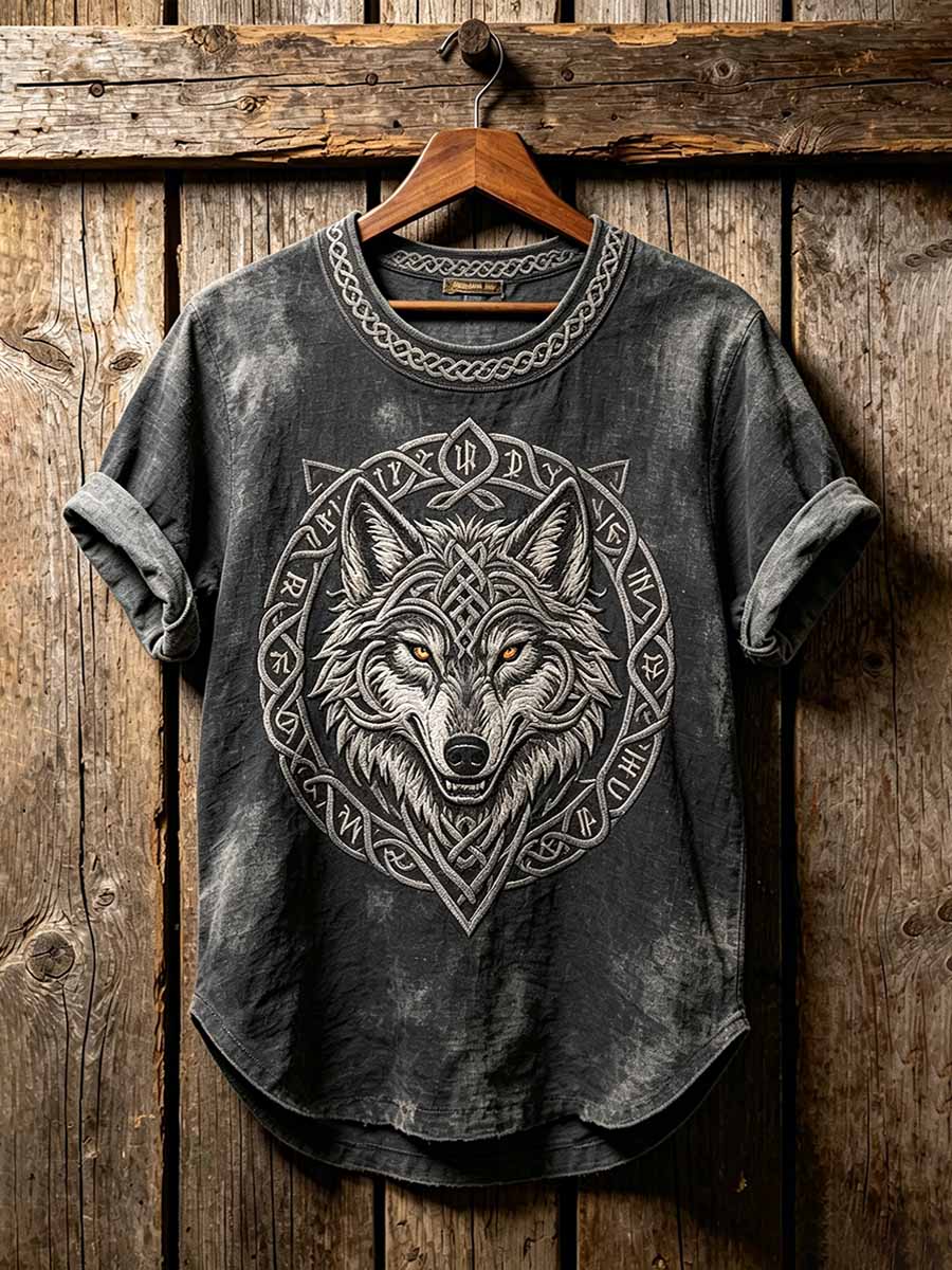 Miesten Vintage Viking Kelttinen solmu Wolf kuvio painettu T-paita