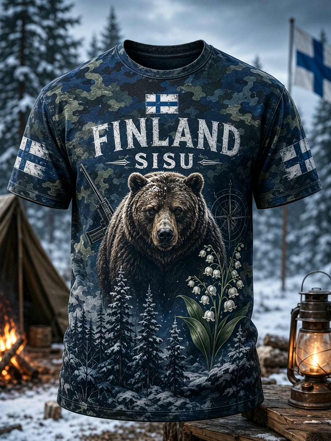 Miesten suomalainen Veteran Sisu Element sarja Taide Print T-paiti