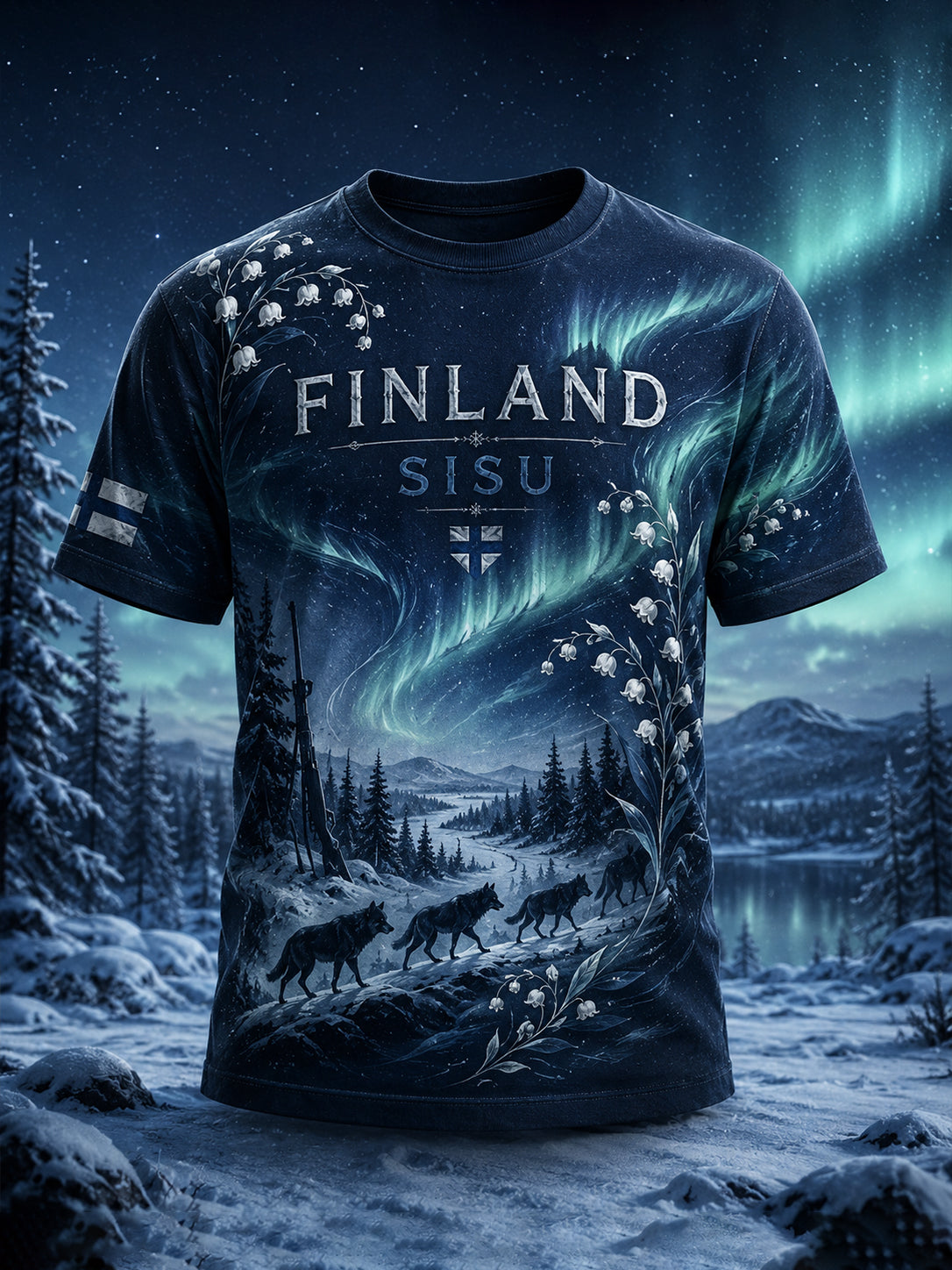 Miesten suomalainen veteraani Sisu Element -sarjan taidepainatetulla t-paidalla