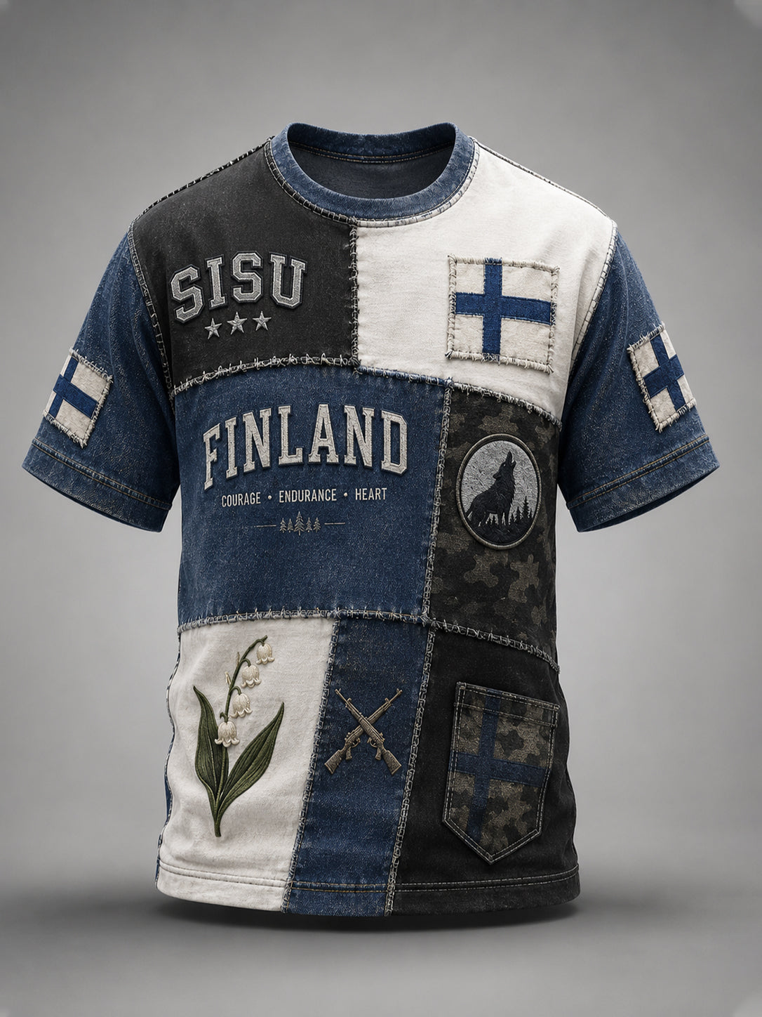 Miesten suomalainen veteraani Sisu Element -sarjan taidepainatetulla t-paidalla