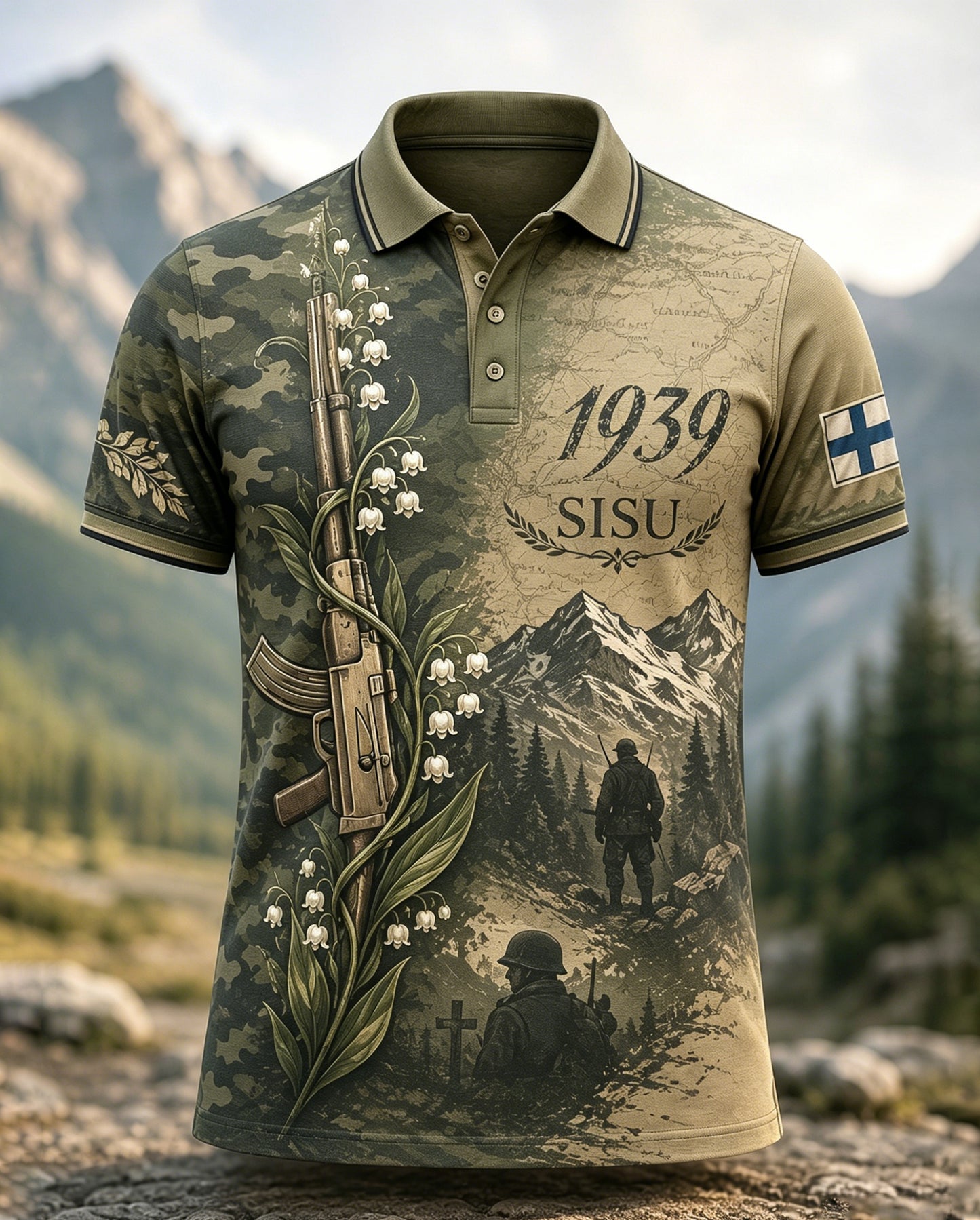 Miesten suomalainen veteraani Sisu Kulttuurielementit Taide Print Polo.