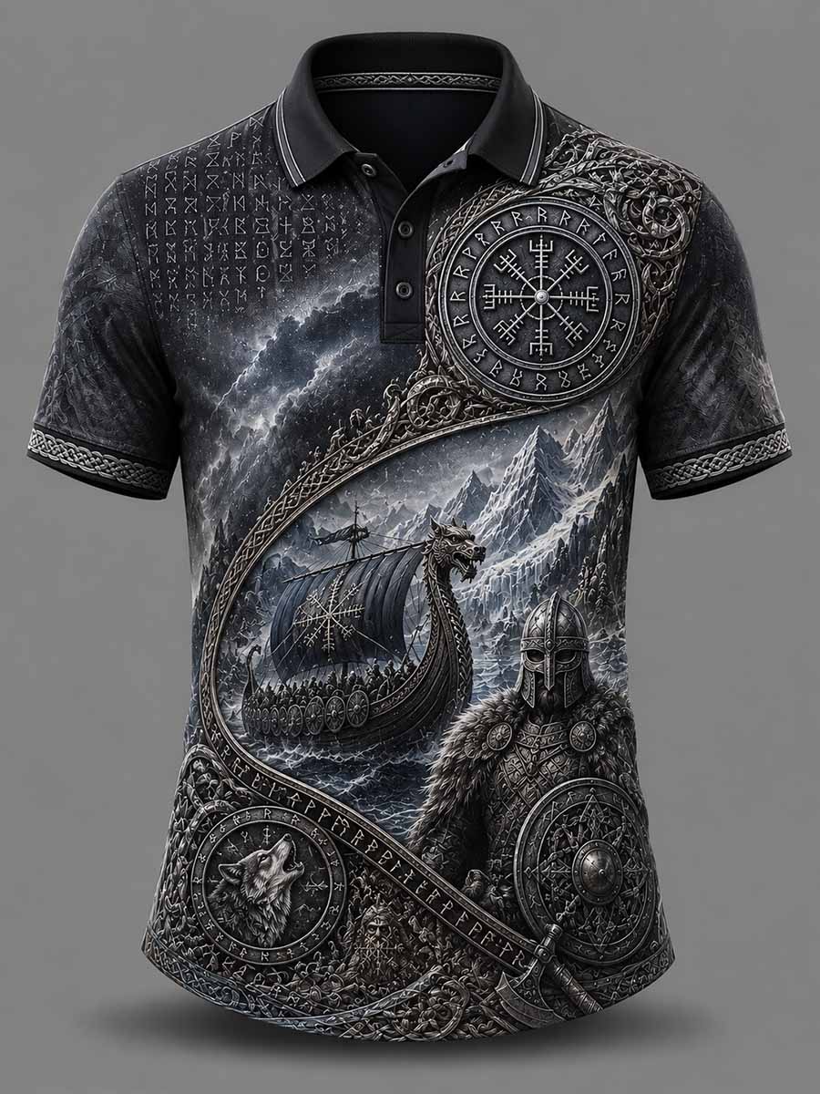 Miesten Vintage Viking Warrior Print Casual Polo Paitalta