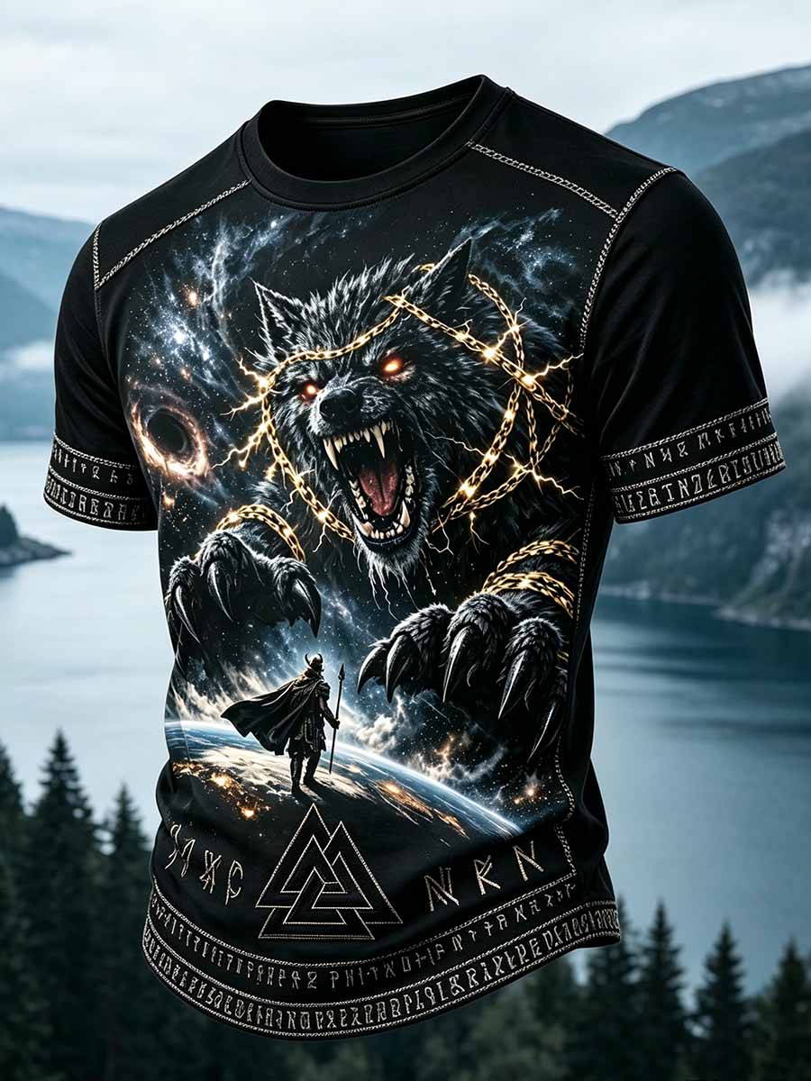 Miesten Vintage Viking Print Casual T-paiti