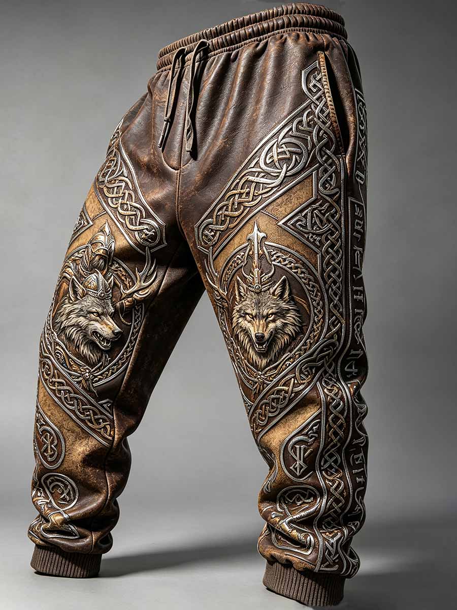 Miesten Retro Viking Wolf Print Casual housut