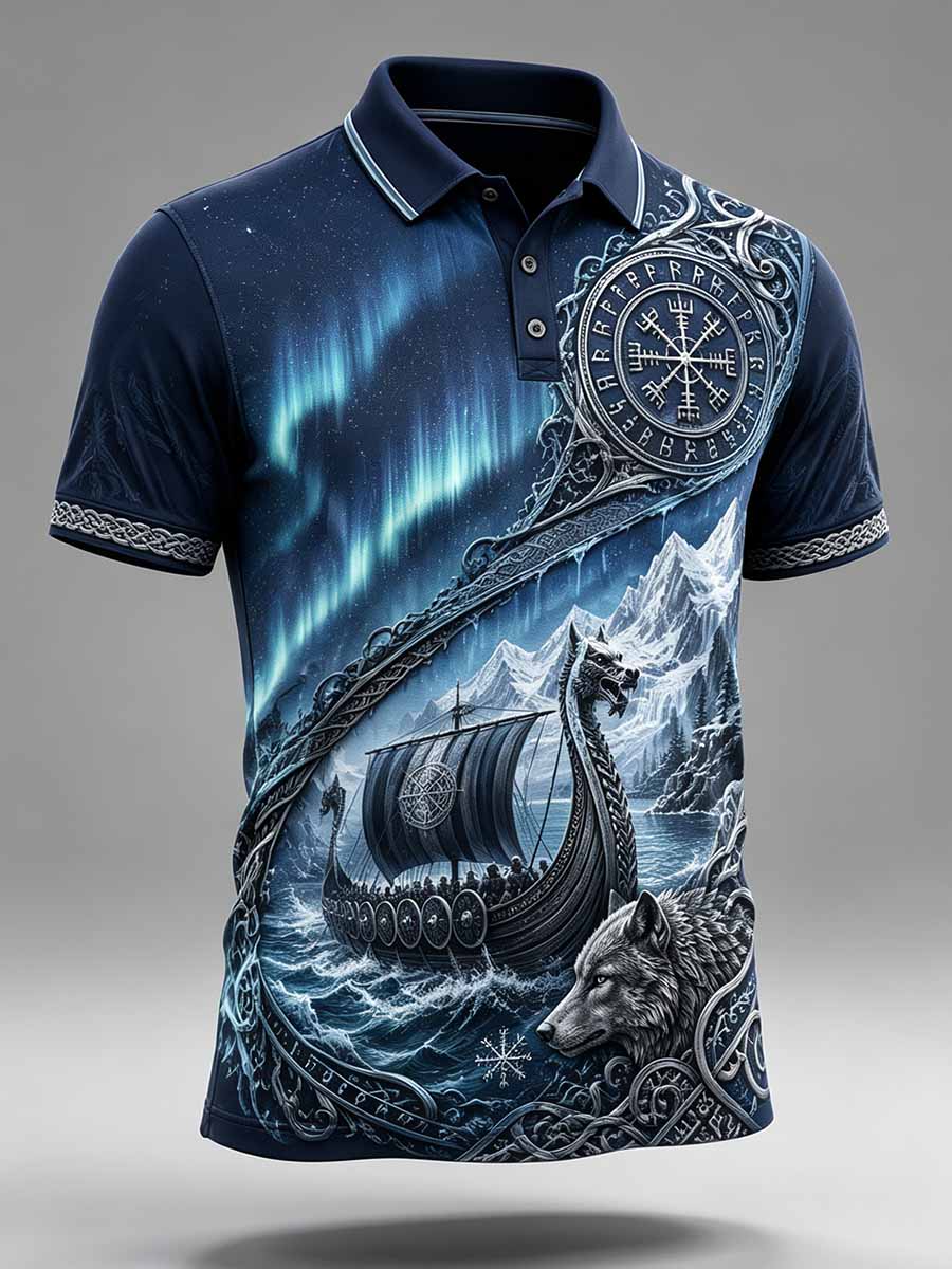Miesten Retro Viking Print Casual Polo -paita