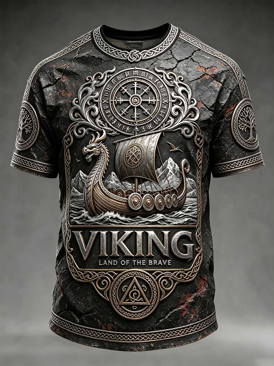 Miesten Retro Viking Print Casual T-paito