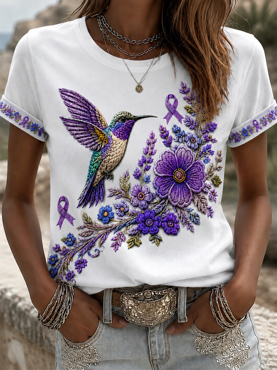 Naisten violetti kukka- ja kolibrinkuosinen Alzheimer-tietoisuutta tukeva t-paita