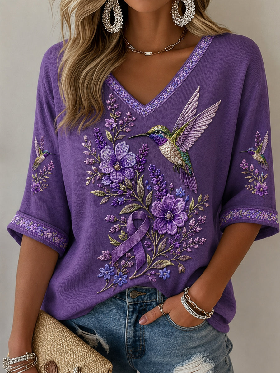 Naisten violetti Kukka & Kolibri Tulosta Alzheimerin tietoisuus Tuki puolihihat V-Neck T Painat