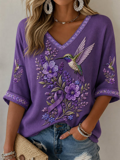 Naisten violetti Kukka & Kolibri Tulosta Alzheimerin tietoisuus Tuki puolihihat V-Neck T Painat