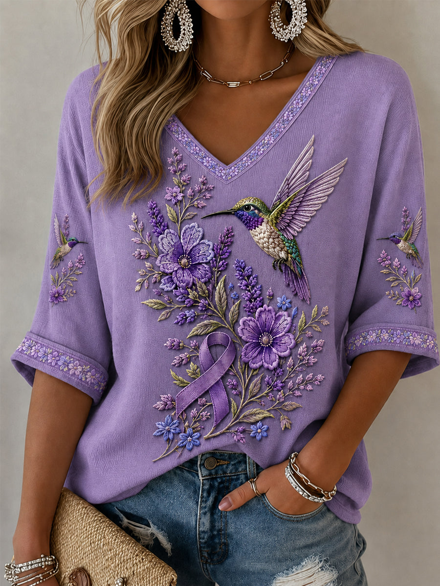 Naisten violetti Kukka & Kolibri Tulosta Alzheimerin tietoisuus Tuki puolihihat V-Neck T Painat