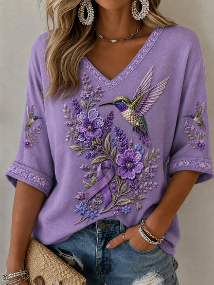 Naisten violetti Kukka & Kolibri Tulosta Alzheimerin tietoisuus Tuki puolihihat V-Neck T Painat