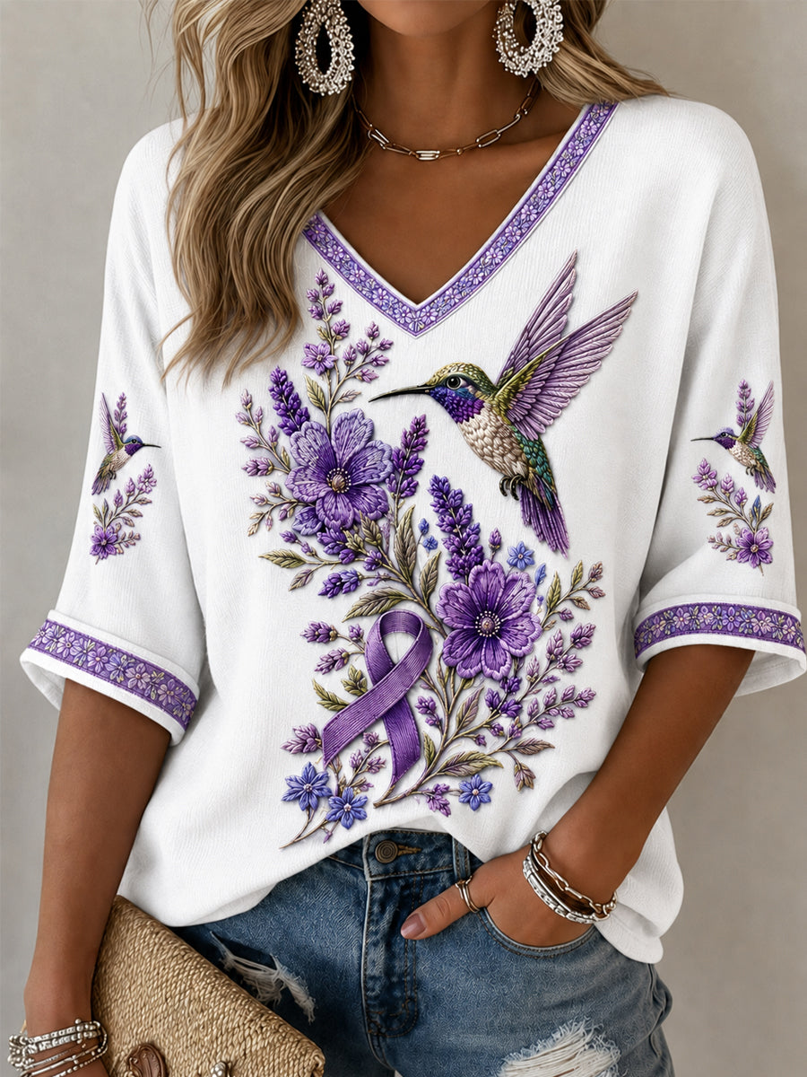 Naisten violetti Kukka & Kolibri Tulosta Alzheimerin tietoisuus Tuki puolihihat V-Neck T Painat