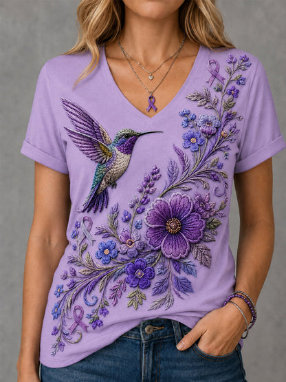Naisten violetti Kukka & Kolibri Tulosta Alzheimerin tietoisuus Tuki V-Neck Tee