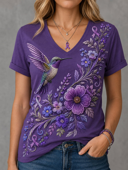 Naisten violetti Kukka & Kolibri Tulosta Alzheimerin tietoisuus Tuki V-Neck Tee