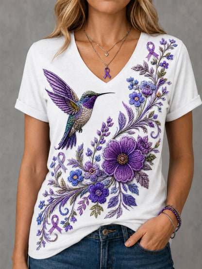 Naisten violetti Kukka & Kolibri Tulosta Alzheimerin tietoisuus Tuki V-Neck Tee