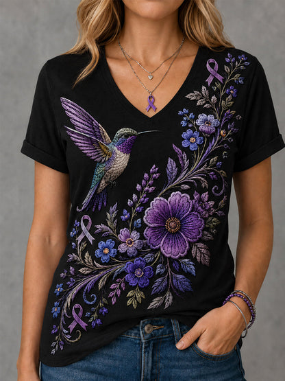 Naisten violetti Kukka & Kolibri Tulosta Alzheimerin tietoisuus Tuki V-Neck Tee