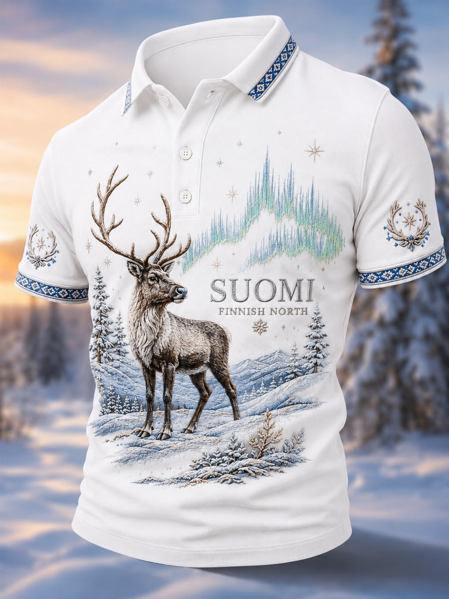 Miesten Suomen Lapin poroja esittelevä maisemapaita