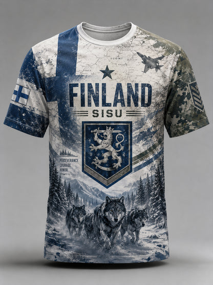 Miesten Sisu-perintö kulttuurielementit taidepainatukset T-paita (suomalainen veteraani)
