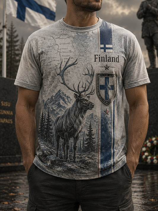 Miesten suomalainen arktinen poro-kulttuurielementti taidepainatuksesta t-paita