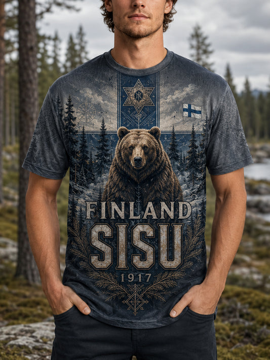 Miesten Sisu-perintö kulttuurielementit taidepainatukset T-paita (suomalainen veteraani)