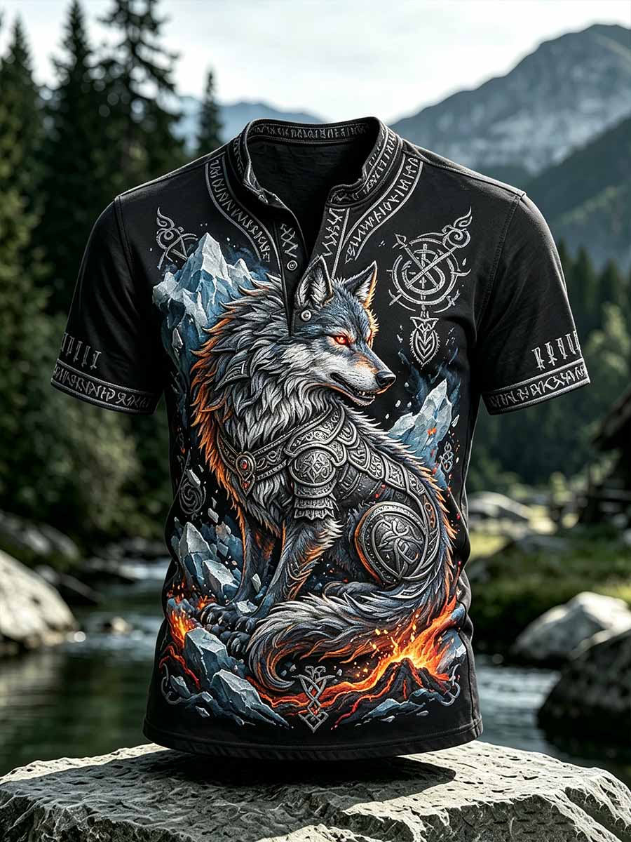 Miesten Vintage Viking Wolf Print T-paita