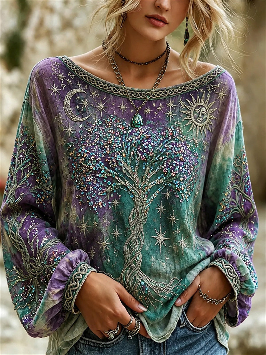 Naisten Vintage Viking puu elämän kelttinen solmu Tulosta Gradient Puuvilla-Linen-paita