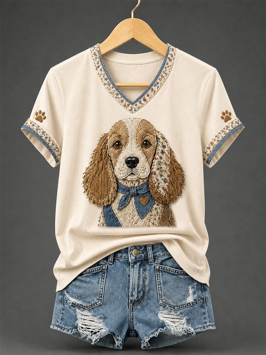 Naisten retro tilkkutyö koirakuosilla ja V-pääntiellä t-paita