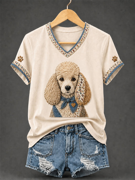 Naisten retro patchwork koira tulostus V-Neck Tee