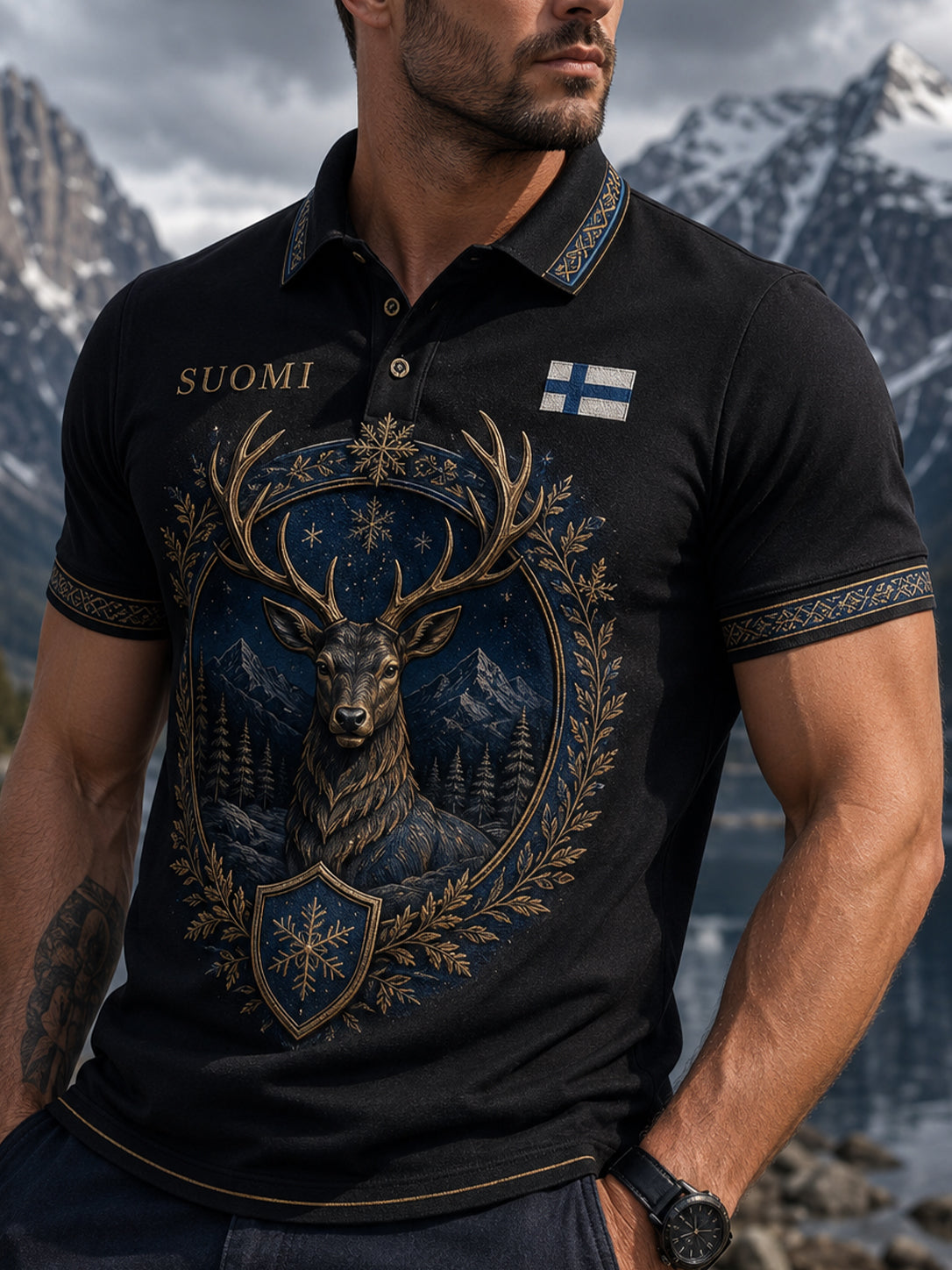 Miesten suomalainen arktinen poro-elementti taidepainatus polopaita