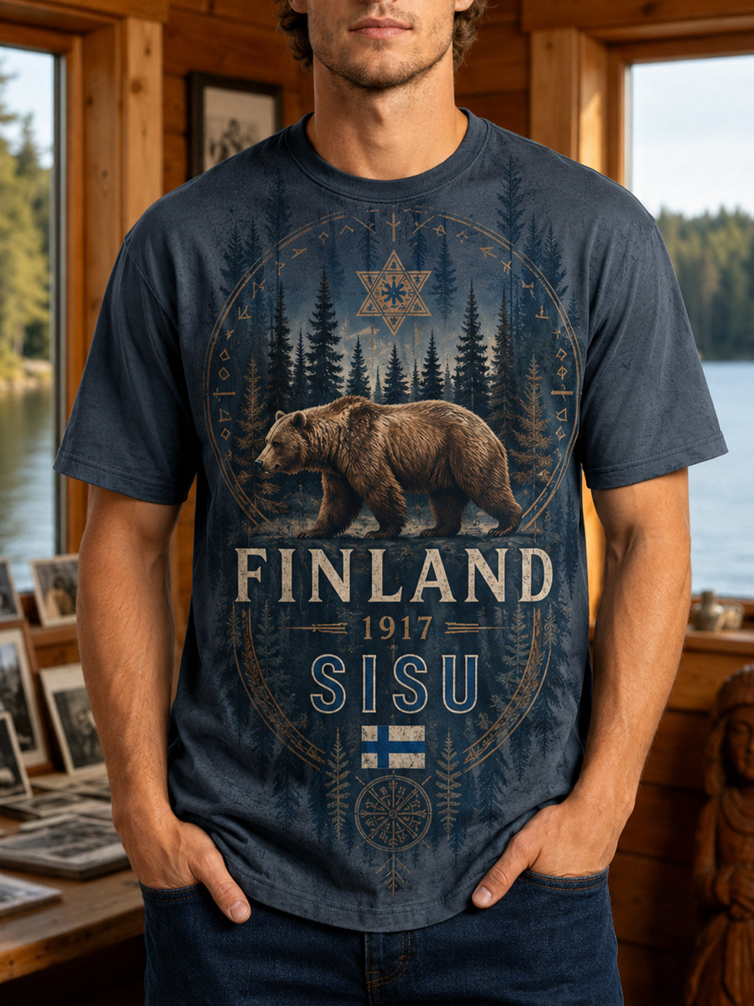 Miesten suomalainen veteraaniperintöhenki taidepainatetulla t-paidalla