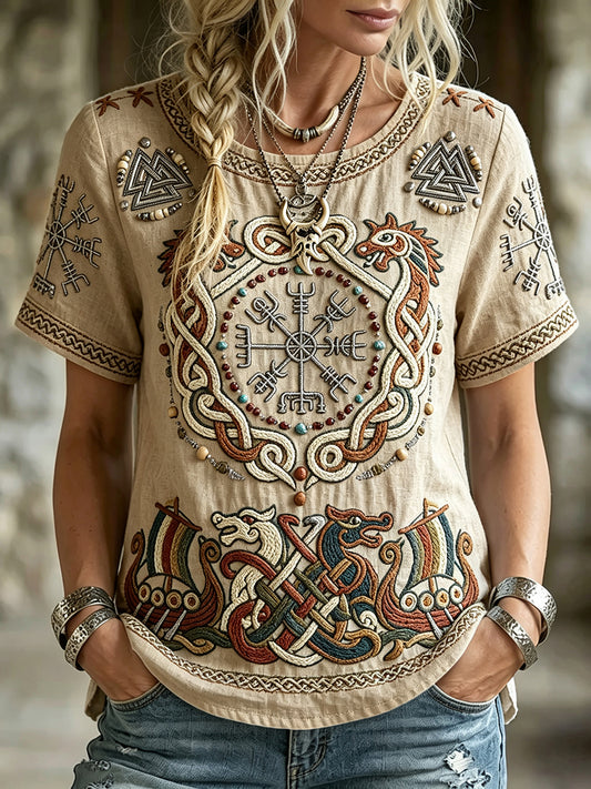 Naisten Retro Viking Compass Vegvisir Art Print Linen Lyhyhkäinen T-paito