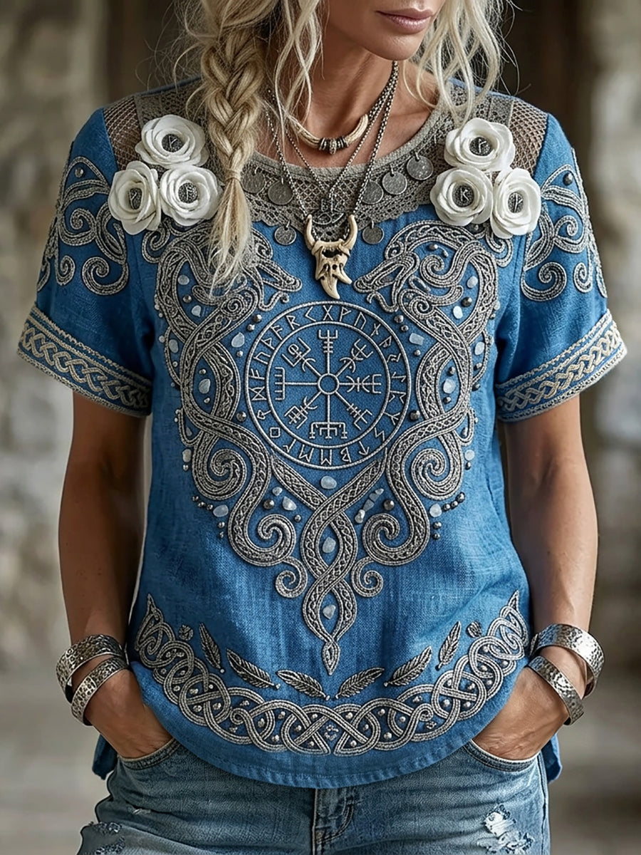 Naisten Classy Viking Compass Vegvisir Kukka Print Linen Lyhyhkeä T-paito