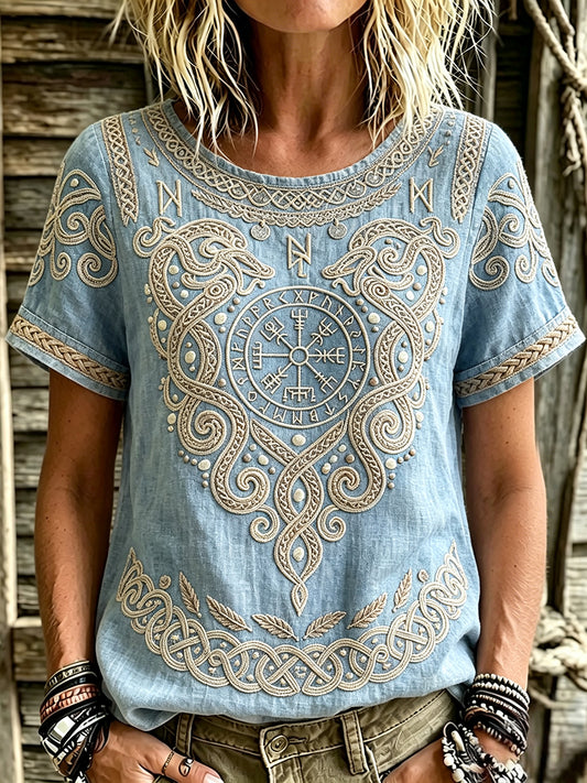 Naisten Vintage Viking kompassi Vegvisir Art Print Linen lyhythihihainen T-paito