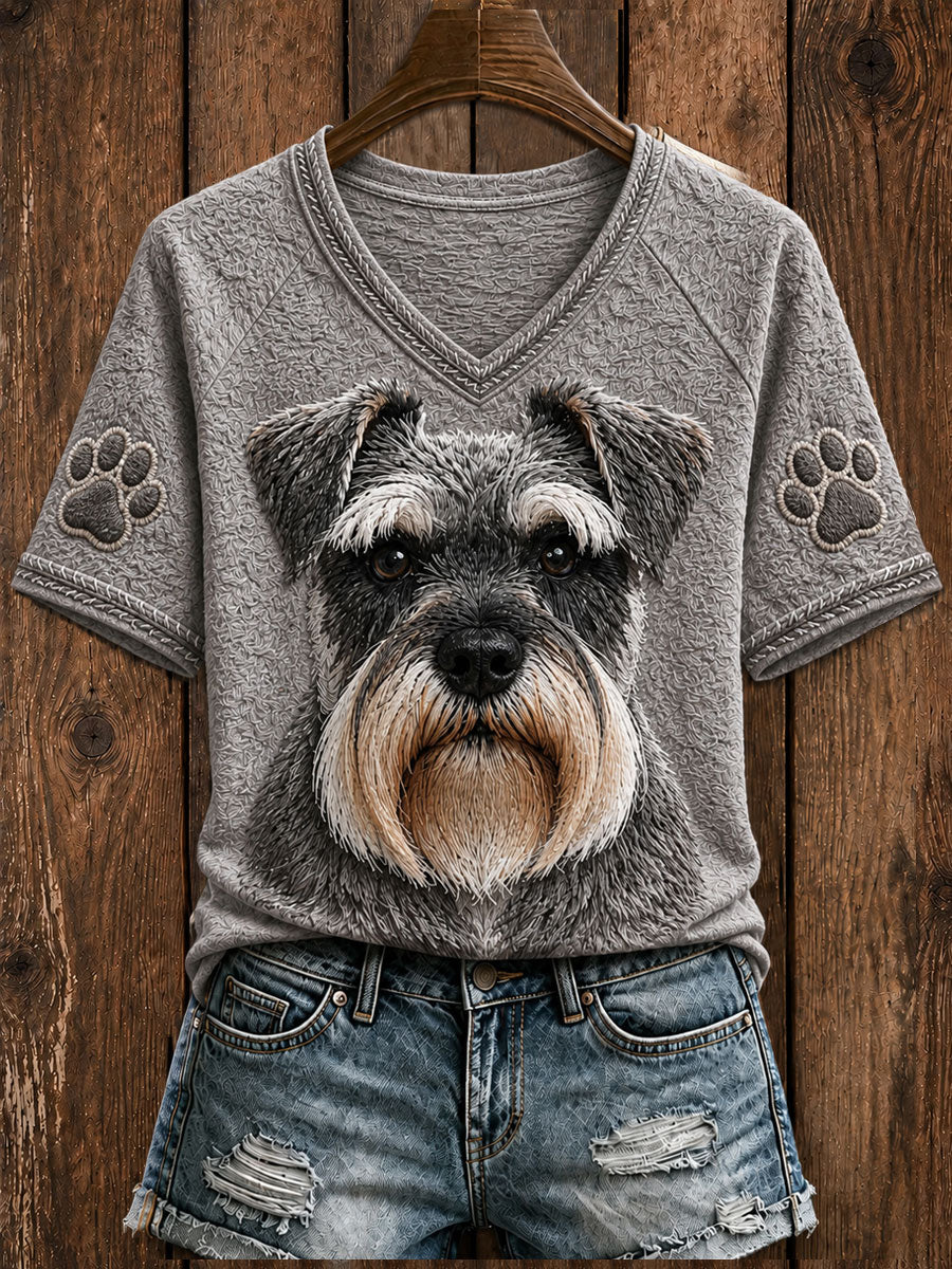 Naisten söpö miniatyyri Schnauzer Art V-kaula lyhythiha T-paita
