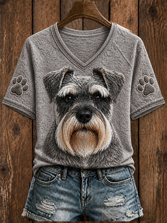Naisten söpö miniatyyri Schnauzer Art V-kaula lyhythiha T-paita