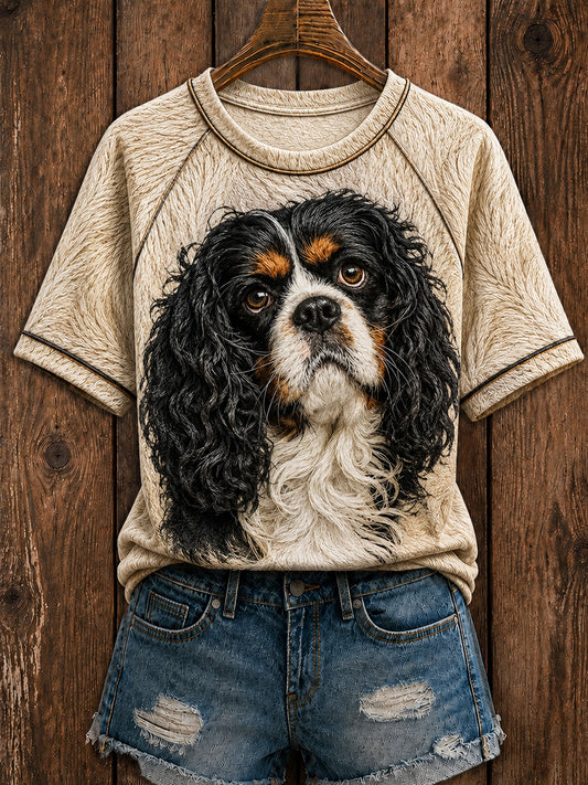 Naisten söpö Cavalier King Charles Spaniel Art pyöreä kaula lyhythiha T-paita