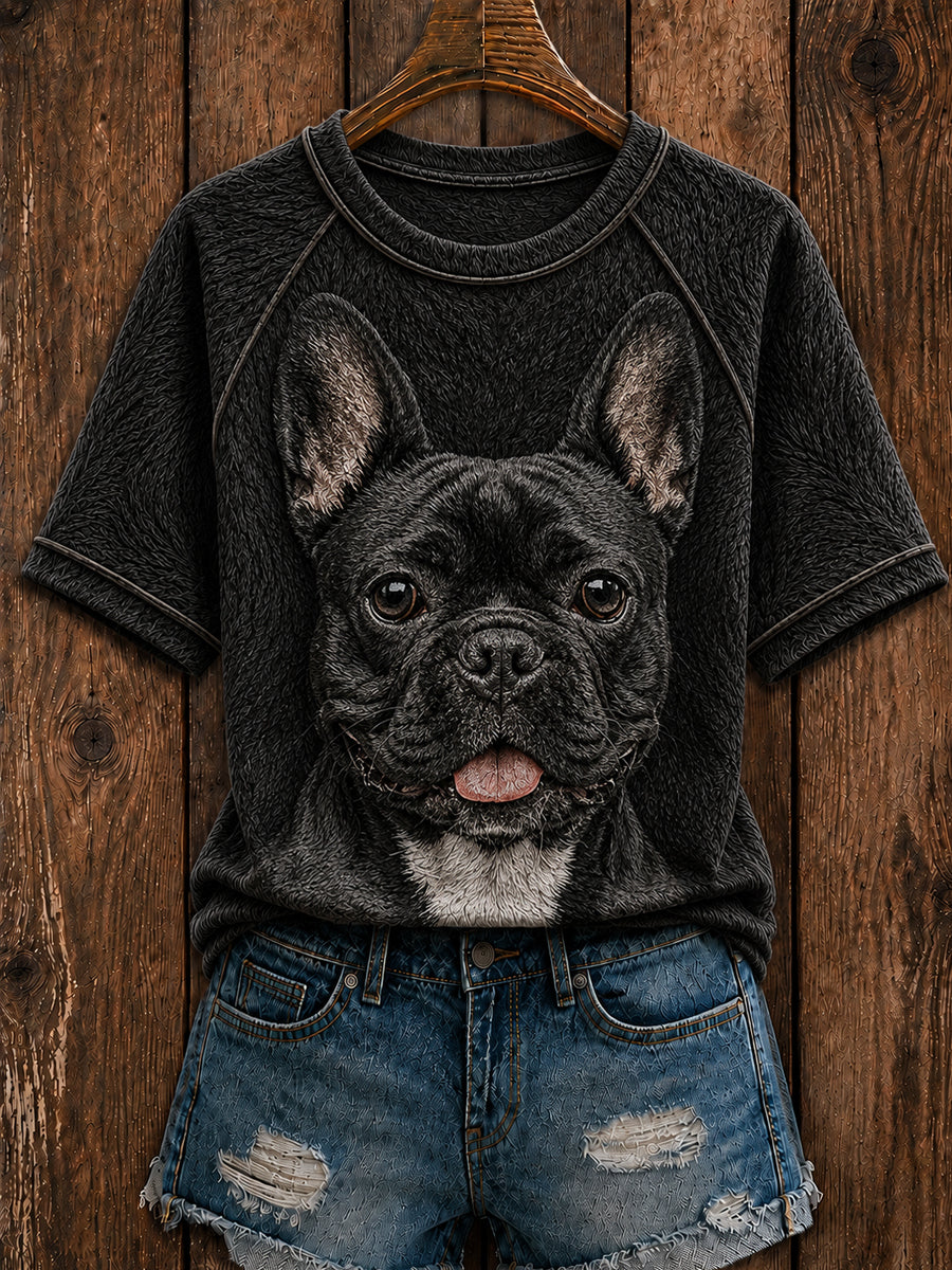 Naisten söpö ranskalainen Bulldog Art pyöreä neck Short Sleeve T-paita