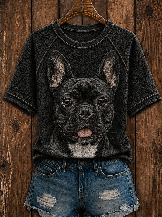 Naisten söpö ranskalainen Bulldog Art pyöreä neck Short Sleeve T-paita