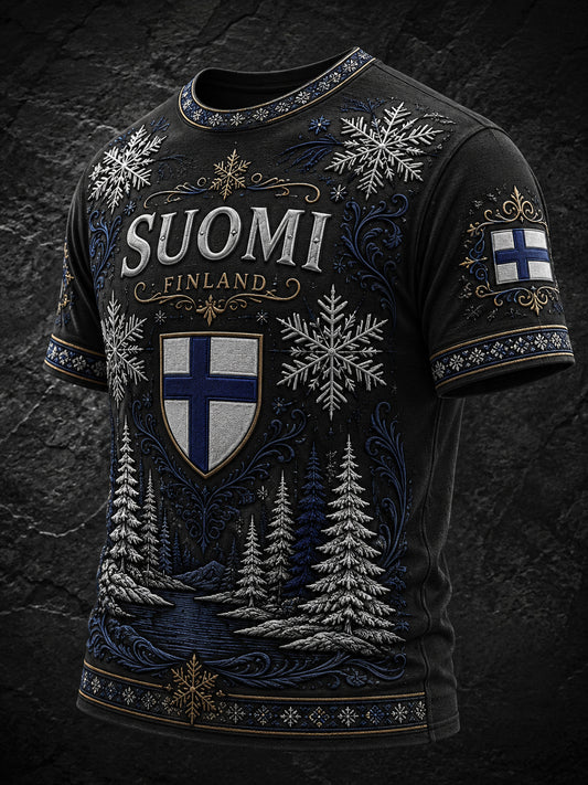 Miesten graafinen T-paita Suomen veteraanien perinnön ja hengen muistomerkkiä