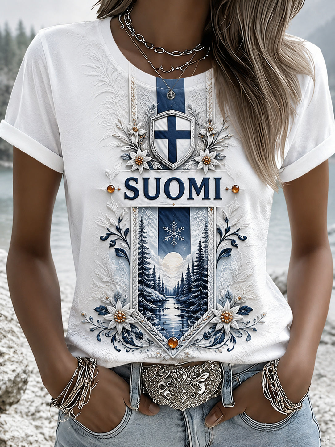 Naisten graafinen T-paita: Suomen veteraanien perintö ja henki muistelu